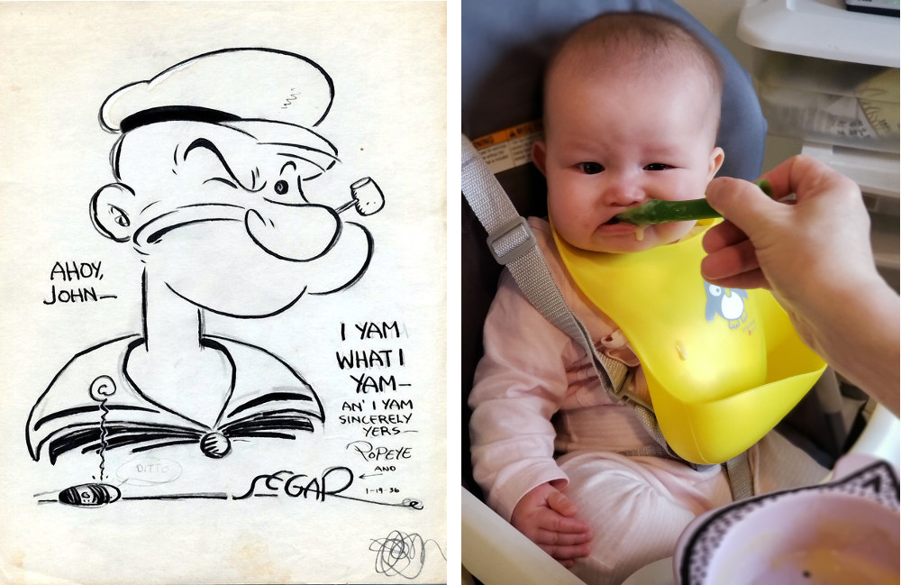 Left, a 1936 sket of Popeye the Sailor by E.C. Segar; Right, Asta with a most Popeye look!