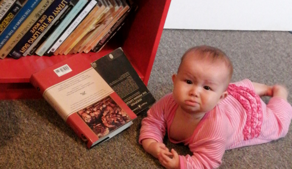 Photo of a satisfied baby after she has knocked a couple of Papa's books to the floor.