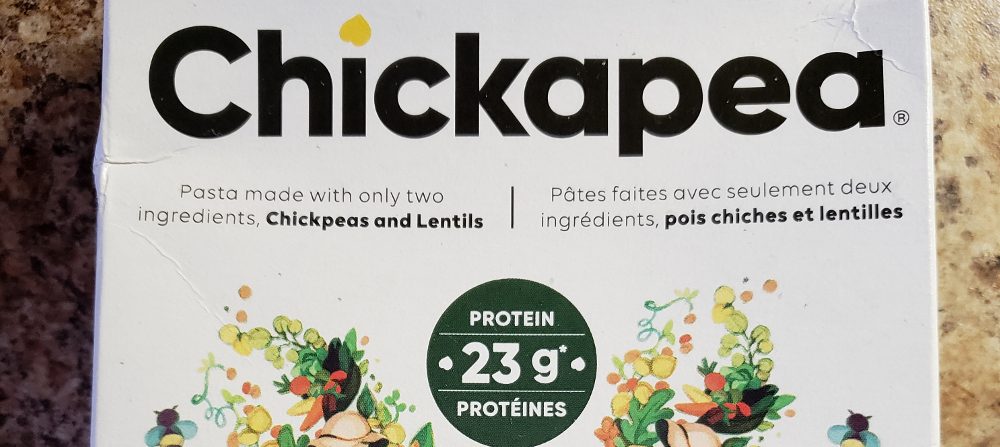 Partial photo of box of Chickapea brand chickpea pasta