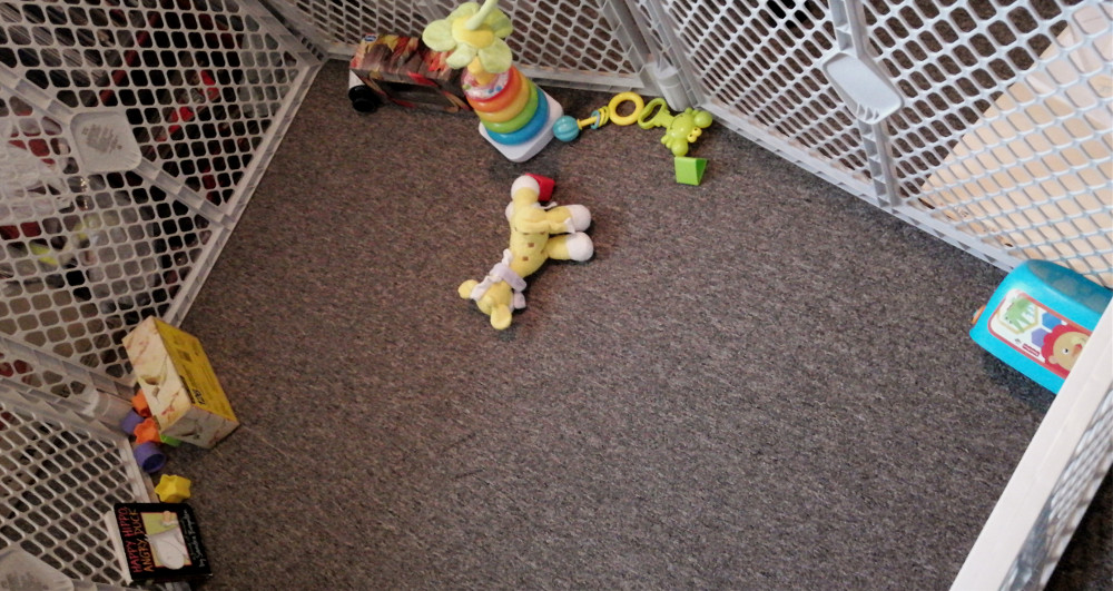 Photo of playpen with toys neatly arranged.