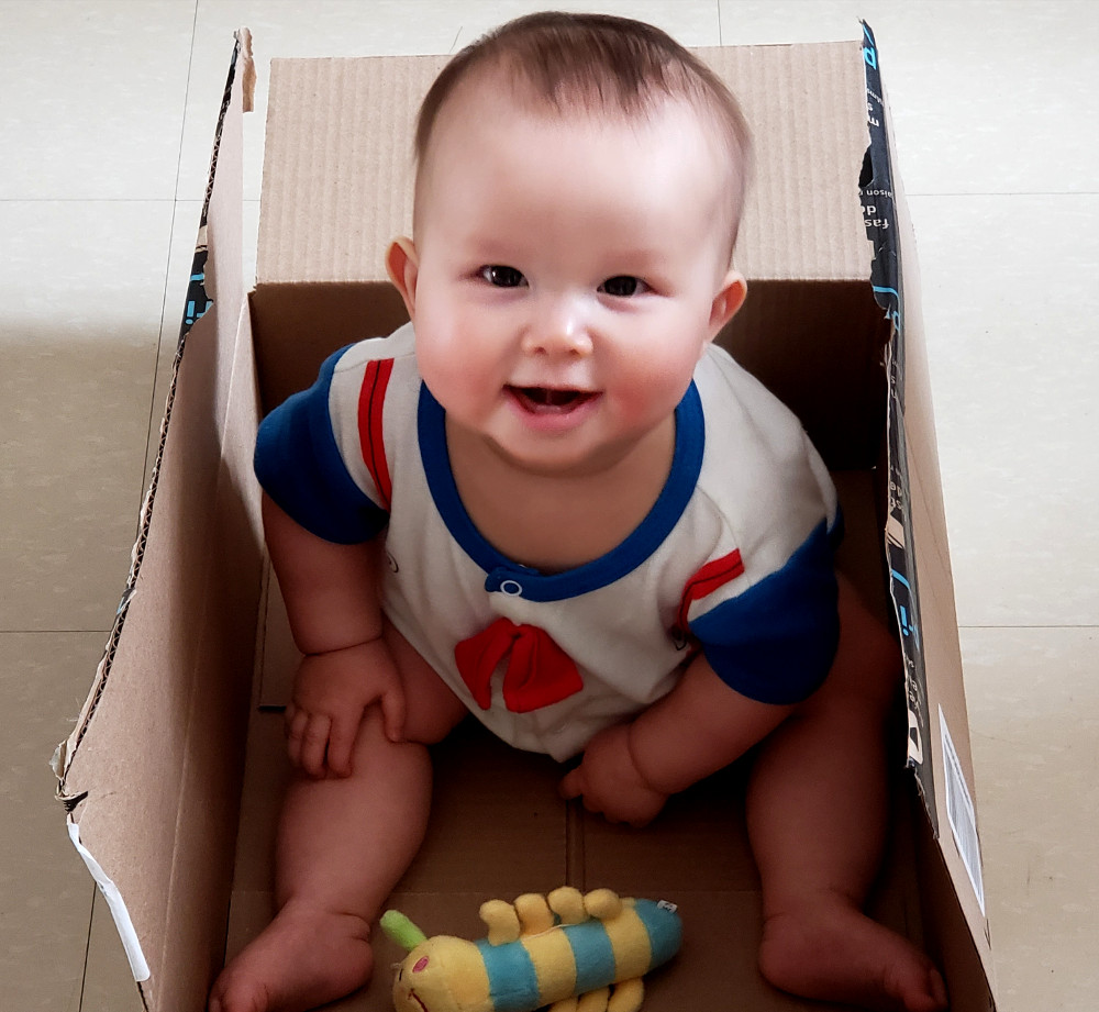 Photo of smiling baby Baobao in a box