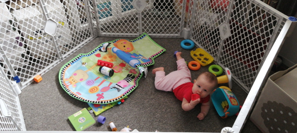 Photo of Baby Baobao crawling in her playpen - or 'cage'.