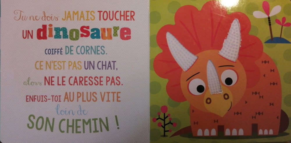 Photo of pages 4 and 5 of the children's picture book, Ne touche jamais un dinosaure!