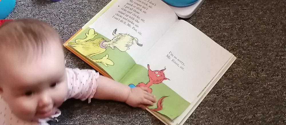 Photo of baby Baobao touching a page of Dr. Seuss' Fox In Sox