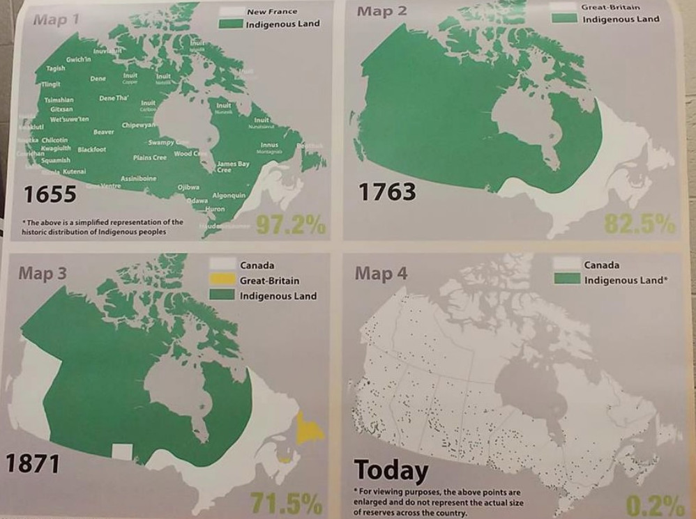 Image showing four maps of Canada, showing the 'progress' of the conquest of Canada's indigenous peoples over the centuries.