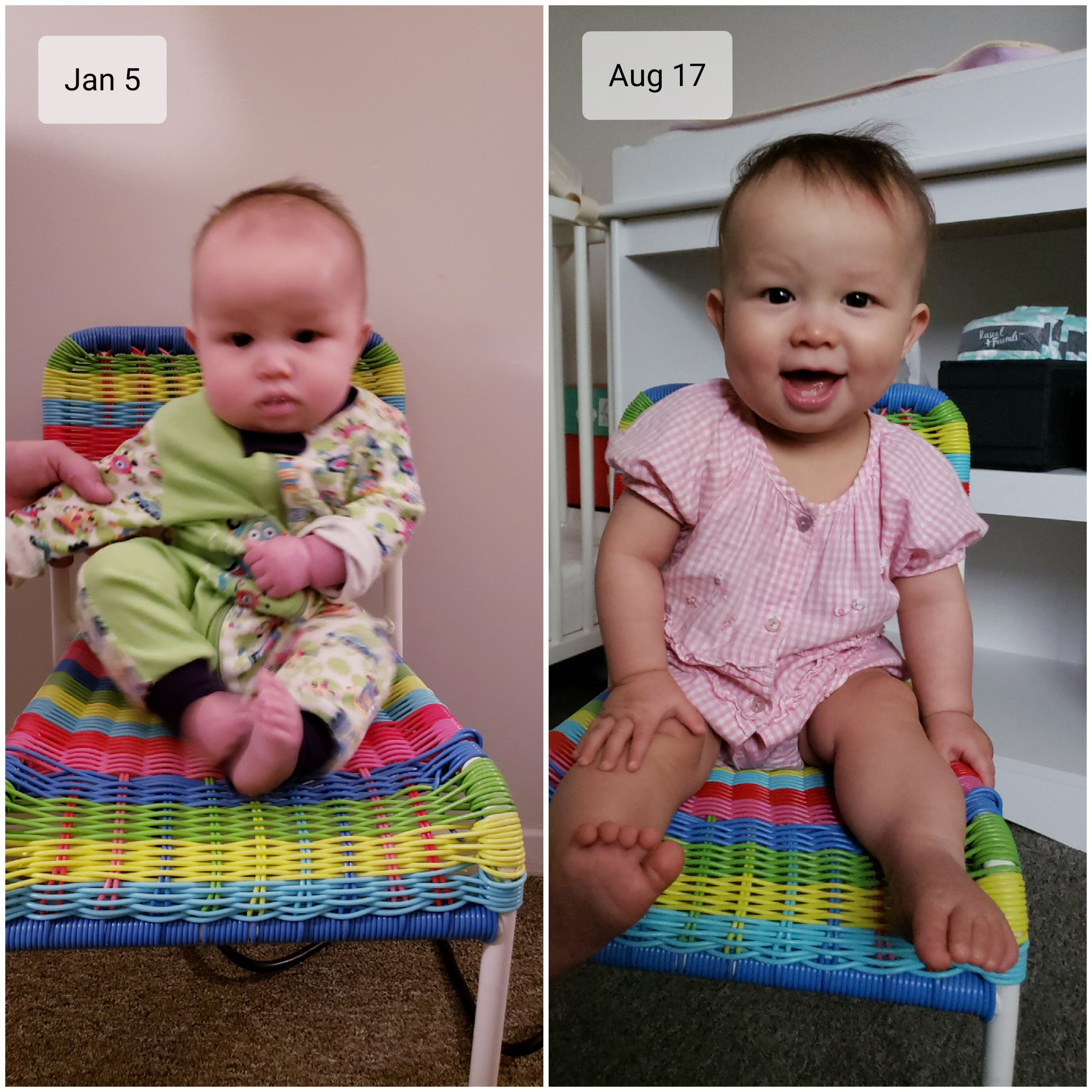 Photos of baby Baobao on her own chair. At left, January 5, 2020; at right, August 17, 2020.