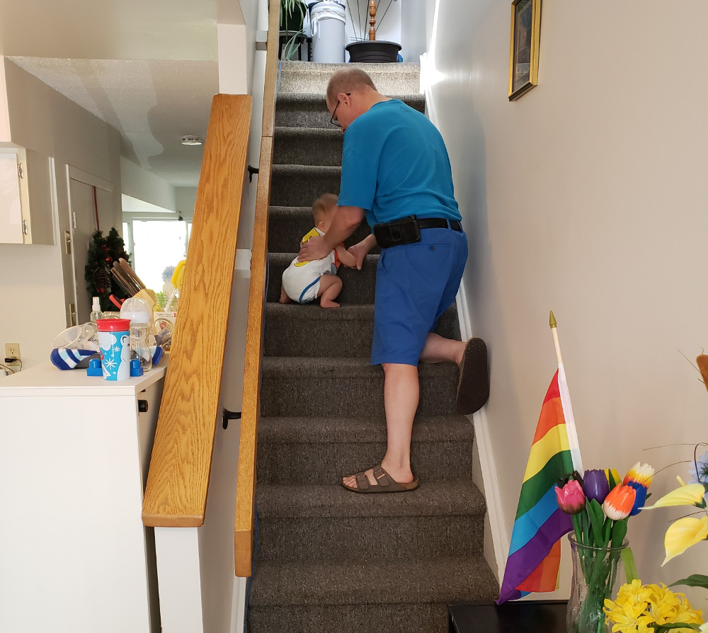 Photo of Papa Zesser catching Baby Baobao more than halfway up the stairs on July 31, 2020.