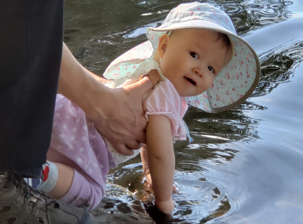Detail of photo of Papa Zesser holding baby Baobao as she plays in the chill waters of Lake Kingsmere.