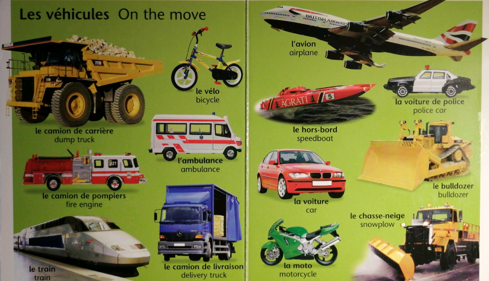 Image of various vehicles from Mon petit livre bilingue francais anglais